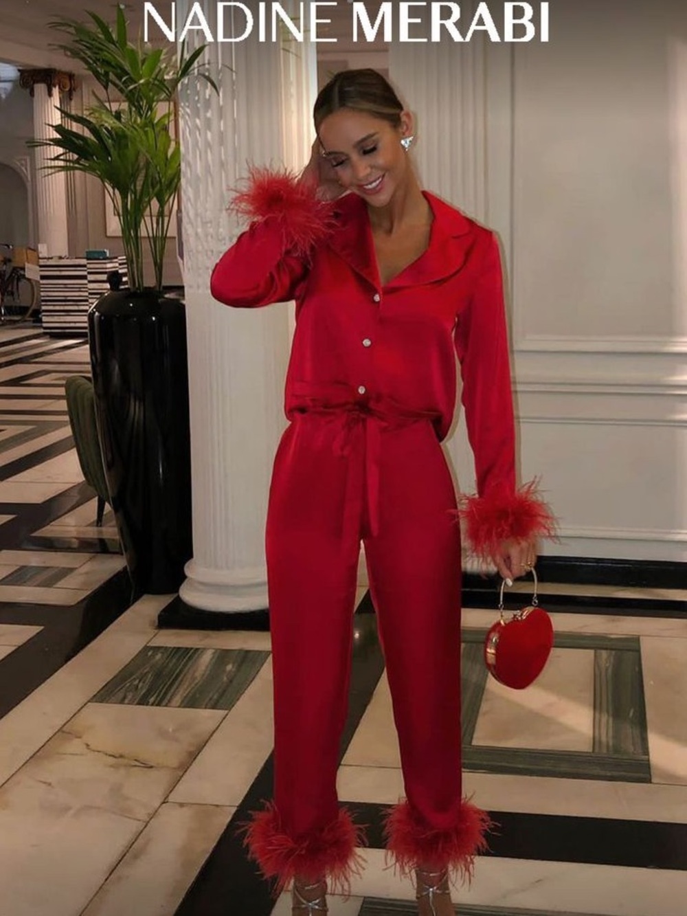 EUC Nadine Marabi Darcie Red Satin Feather-Trim Pajamas Size XL